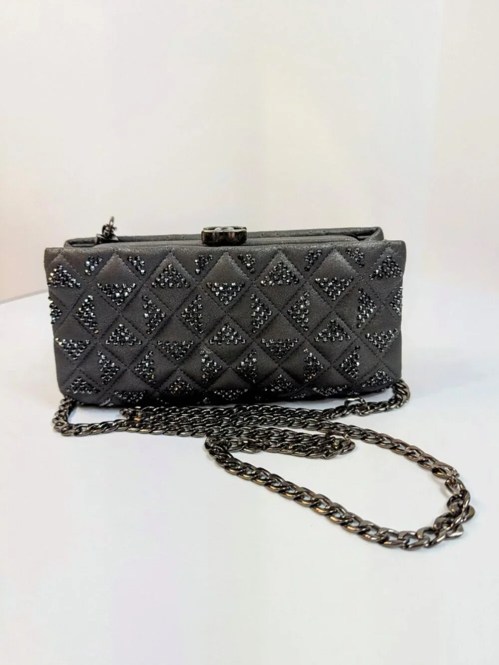 Chanel Timeless Grey Crystal-Studded Suede Diamond-Quilted Clutch